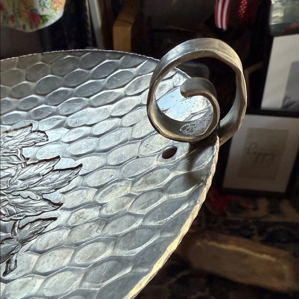 Vintage Etched Decorative Round Metal Tray with Floral Motif